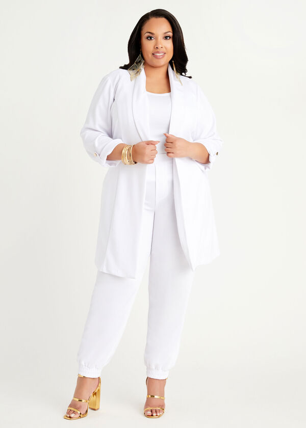 Ruched Sleeve Long Open Blazer, White image number 0