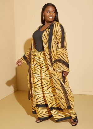 Paneled Tiger Print Kimono, Black image number 0
