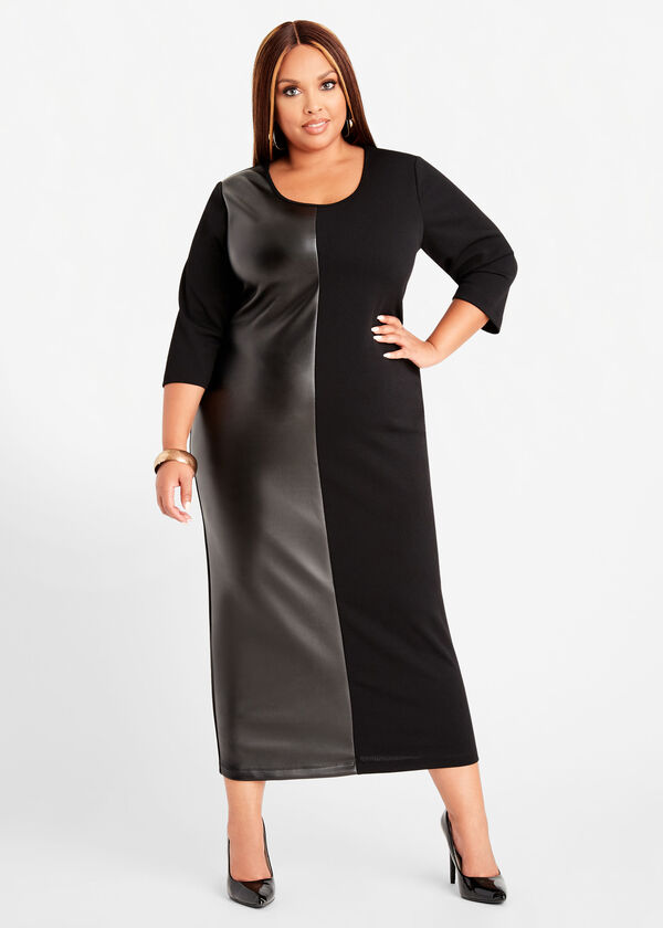 Faux Leather & Knit Bodycon Dress, Black image number 0