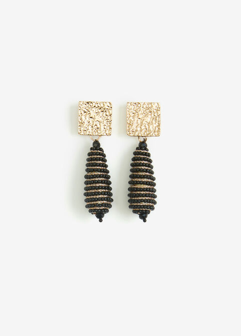 Beaded Hammered Gold Tone Earrings, Black image number 0