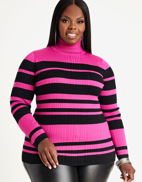 Striped Ribbed Turtleneck Sweater, Fuchsia Red image number 0