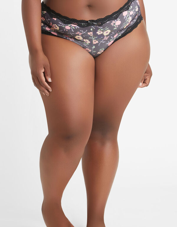 Lace Floral Print Cheeky Panty, Black image number 1