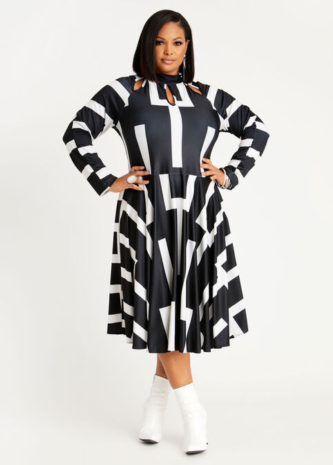 Geo Cutout Fit N Flare Dress, Black White image number 0