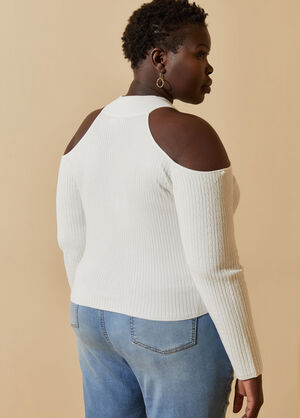 Cold Shoulder Cable Knit Sweater, White image number 1