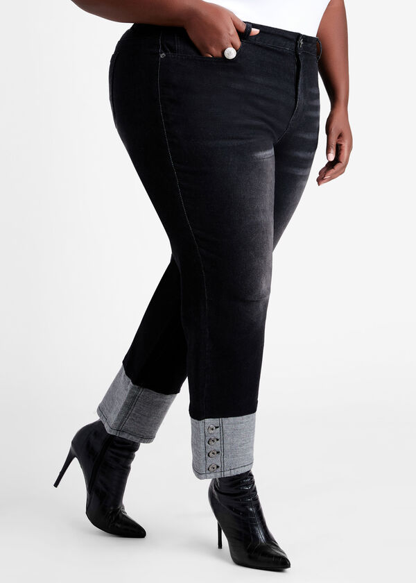 Button Detailed Cuffed Jeans, Black image number 0