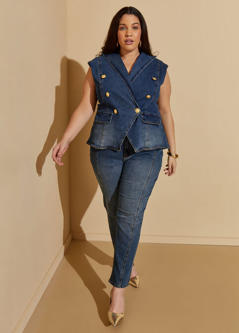 Double Breasted Stretch Denim Vest, Dk Rinse image number 3