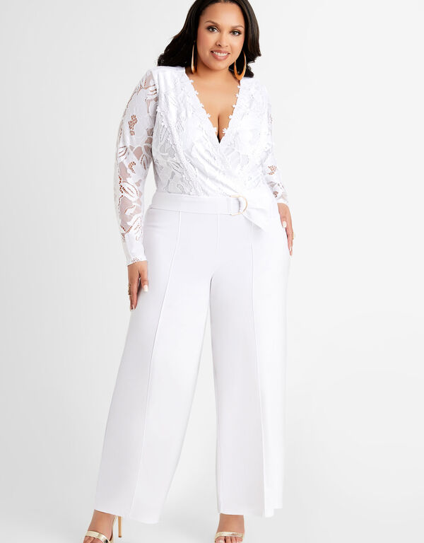 Tall Belted Lace & Scuba Jumpsuit, White image number 0
