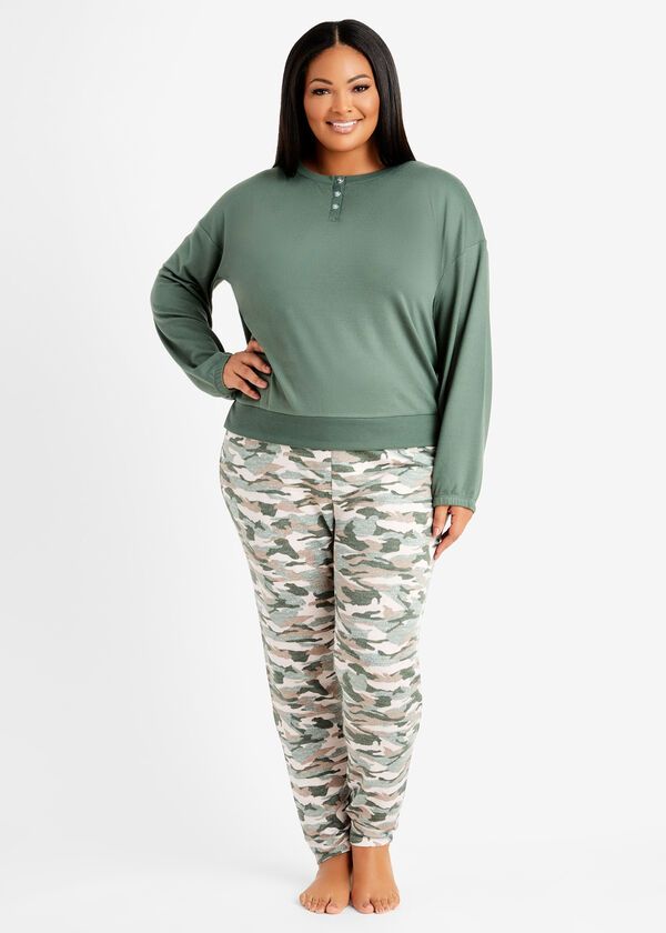Kensie Printed Pajama Set, Military Olive image number 0