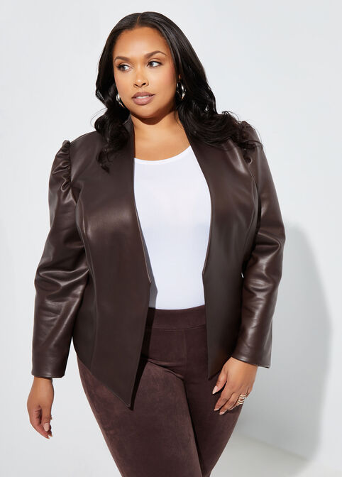 Puff Sleeve Faux Leather Jacket, Brown image number 0