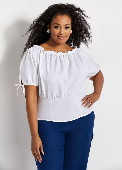 Linen Puff Sleeve Peasant Top, White image number 0