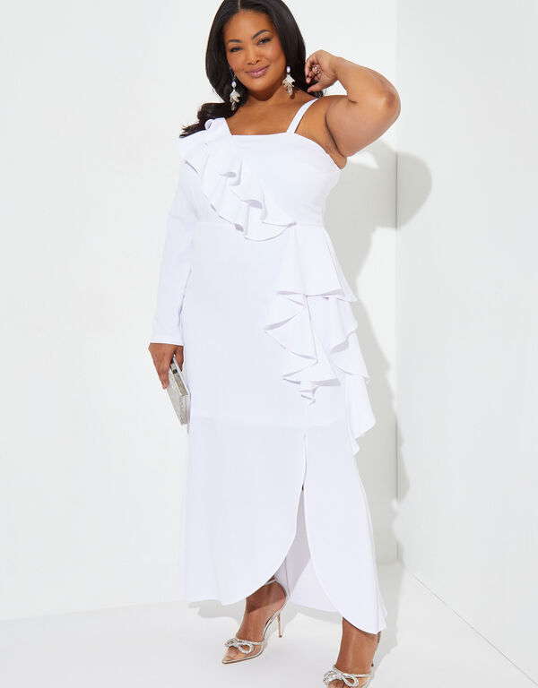 Ruffled One Shoulder Gown, White image number 0