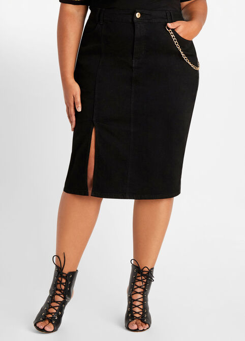 Chain Faux Leather & Denim Skirt, Black Combo image number 0