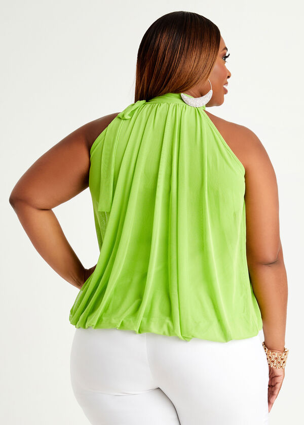 Tie Neck Mesh Blouse, Parrot Green image number 1