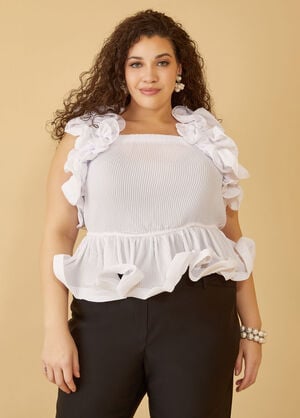 Ruffle Trimmed Pleated Peplum Top, White image number 0