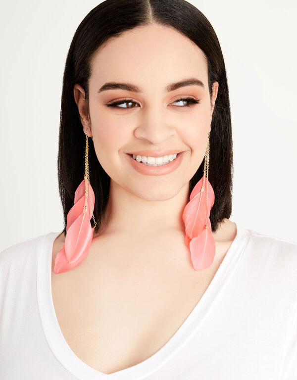 Feather Fringe Earrings, LIVING CORAL image number 1