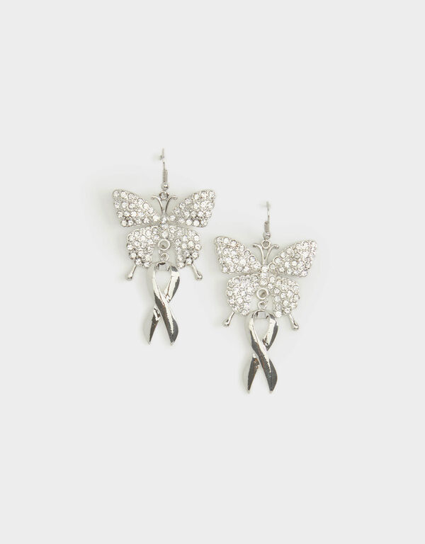 Butterfly And Ribbon Drop Earrings, Silver image number 0