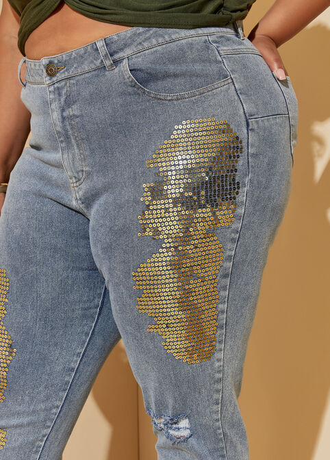 Distressed Sequined Skinny Jeans, Dk Rinse image number 3