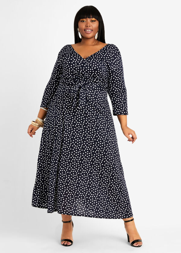 Plus Size Trendy Colorblock Polka Dot Knit Wrap Belted Maxi Dress
