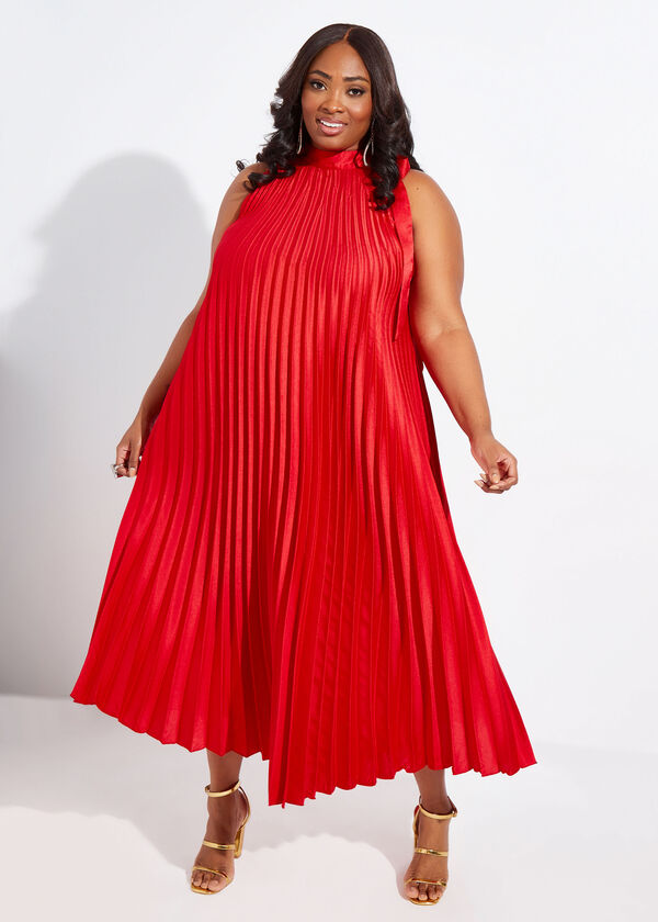 Pleated Satin Maxi Dress, Red image number 0