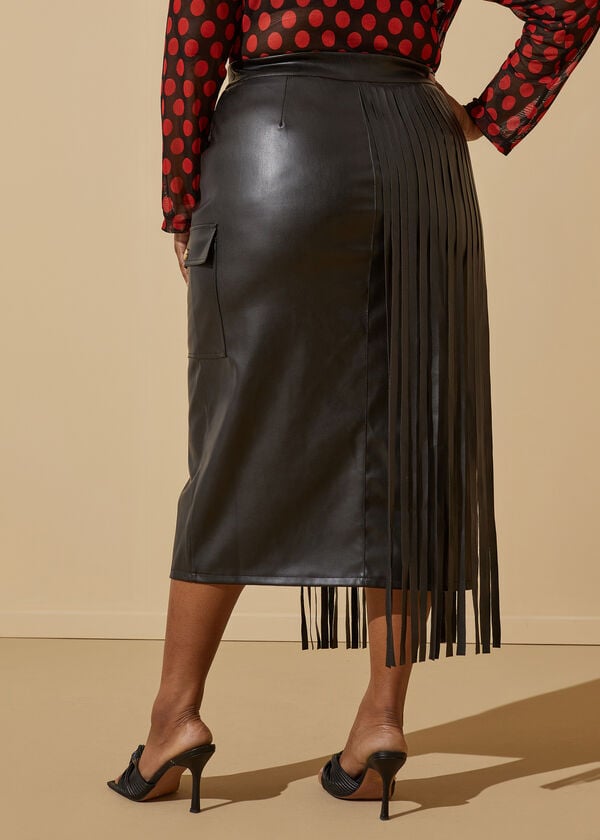 Fringed Faux Leather Midi Skirt, Black image number 1