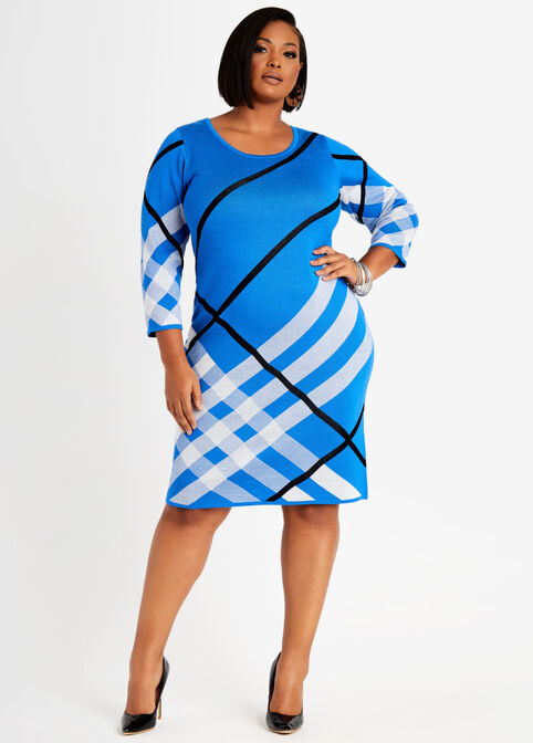 Plaid Bodycon Sweater Dress, Strong Blue image number 0