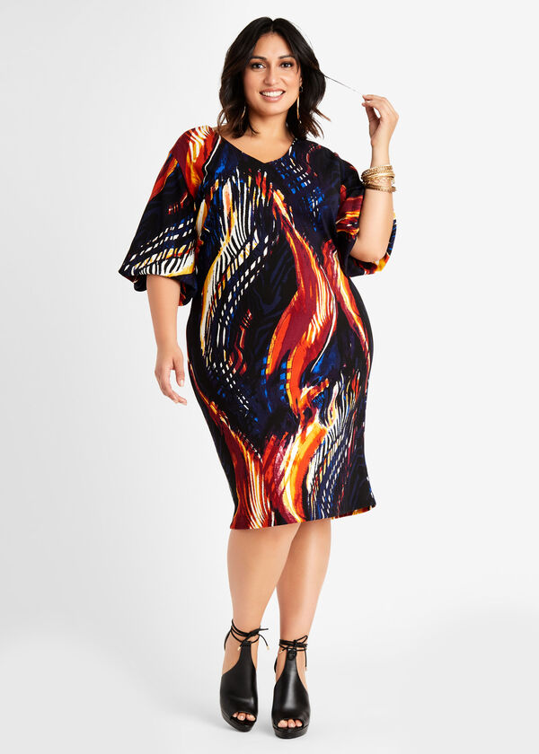 Abstract Bubble Sleeve Sheath Dress, Black Combo image number 0