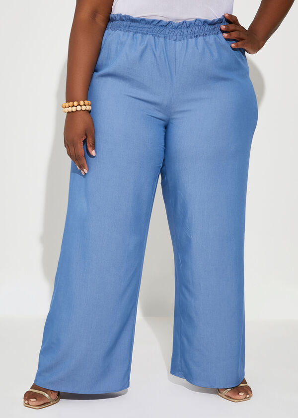 Gathered High Rise Wide Leg Pants, Blue image number 2