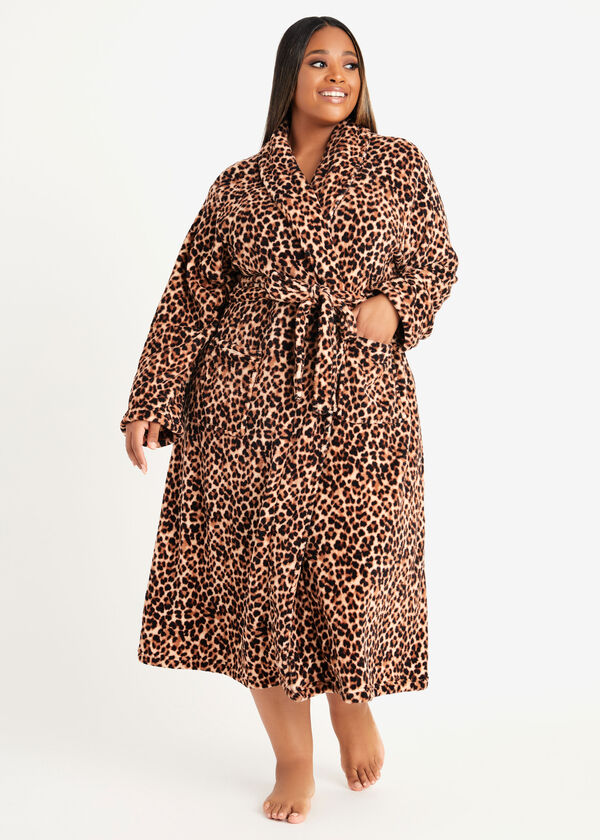 Rene Rofe Leopard Print Fleece Robe, Brown Animal image number 0