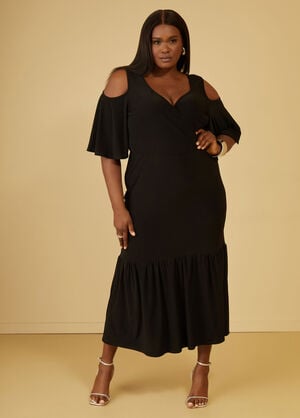 Cold Shoulder Flounced Maxi Dress, Black image number 0