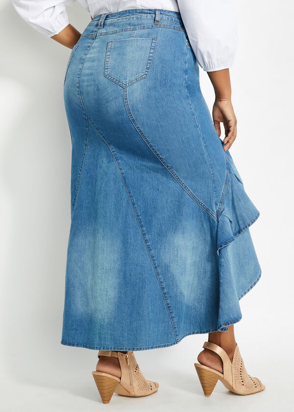 Plus Size Ruffled Slit Front Light Wash Denim Hi Low Summer Maxi Skirt