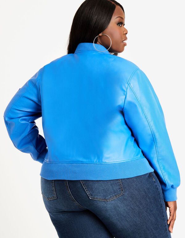 Faux Leather Bomber Jacket, Strong Blue image number 1