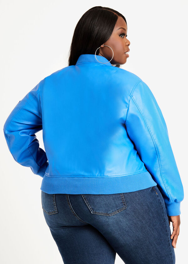 Faux Leather Bomber Jacket, Strong Blue image number 1