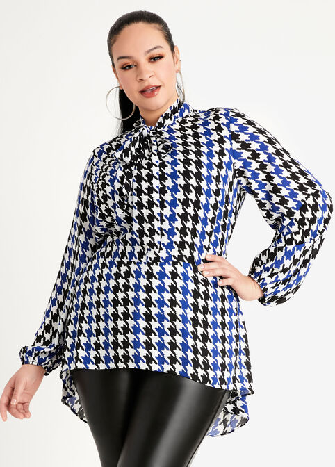Houndstooth Tie Neck Hi Low Blouse, Sodalite image number 0