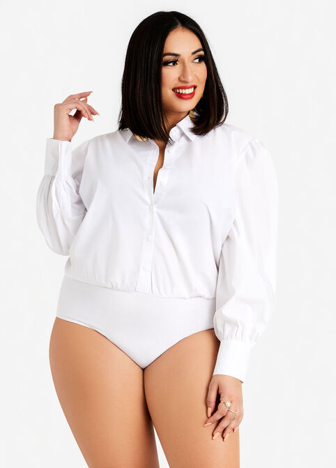 Puff Sleeve Button Up Bodysuit, White image number 1