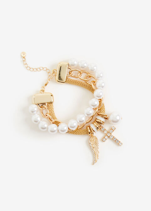 Gold Pearl Charm Bracelet Set, Gold image number 1