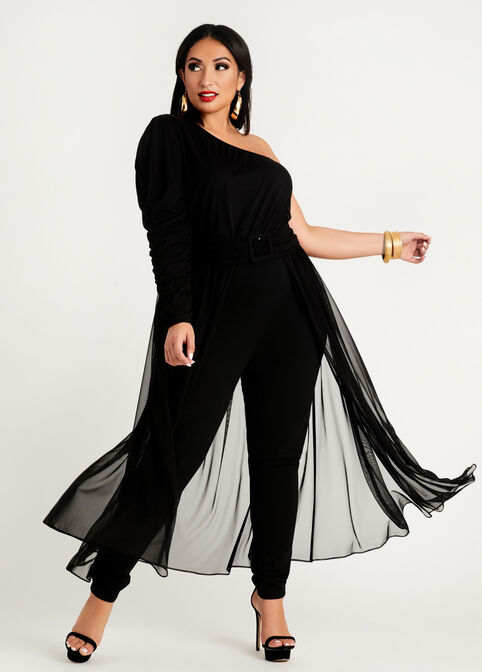 Plus Size Trendy One Shoulder Belted Mesh Train Sexy Skinny Jumpsuit image number 0