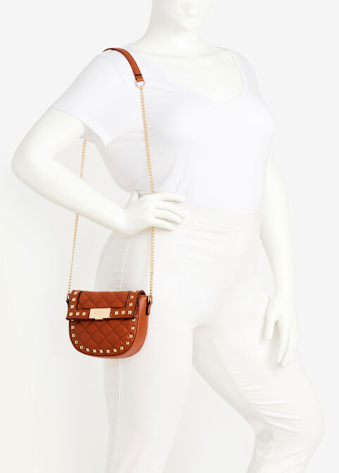 Studded Quilted Faux Leather Bag, Cognac image number 3