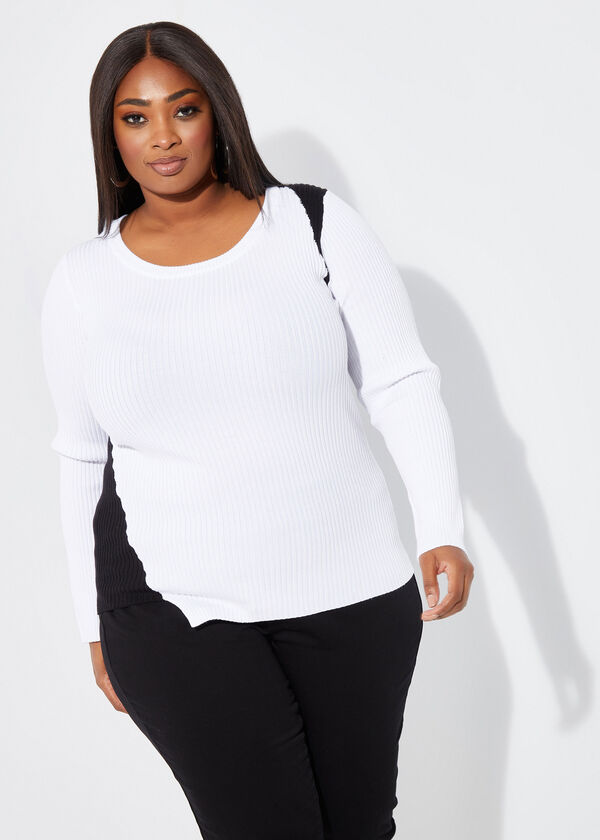 Two Tone Asymmetric Sweater, White Black image number 0