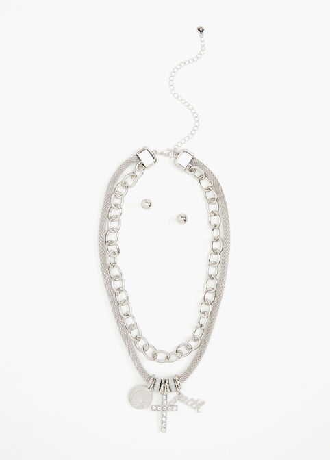 Silver Layer Faith Necklace & Studs, Silver image number 1