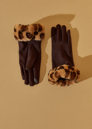 Animal Faux Fur Trimmed Gloves, Brown image number 1