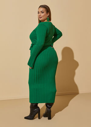 Belted Ribbed Midi Sweater Dress, Abundant Green image number 1