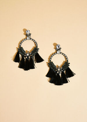 Tasseled Embellished Hoop Earrings, Black image number 1