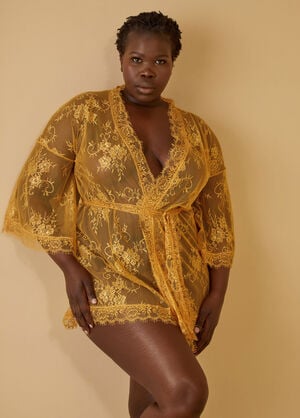 Lace Thong And Robe Set, Mustard image number 0