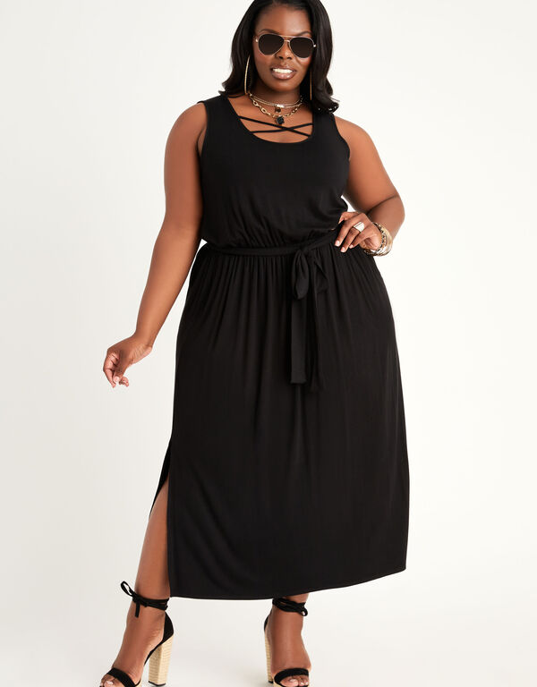 Tall Belted Lattice Maxi Dress, Black image number 0