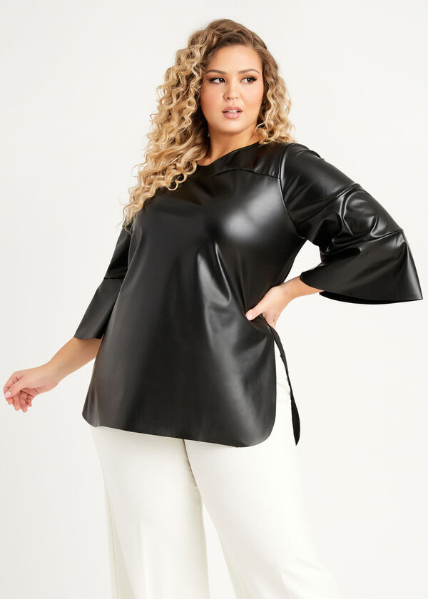 Plus Size Faux Leather Front Stretch Fitted Flare Sleeve Hi Low Top