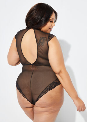Open Back Lace And Mesh Bodysuit, Black image number 1