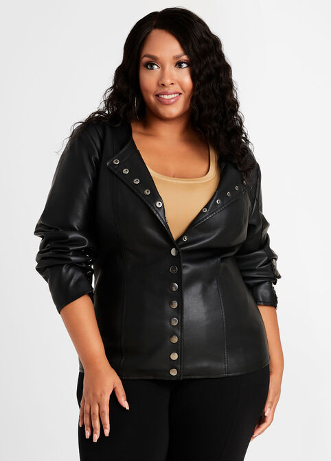 Faux Leather Collarless Jacket, Black image number 0