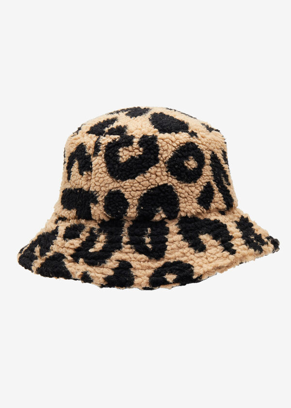 Leopard Print Faux Sherpa Bucket Hat, Brown Animal image number 0