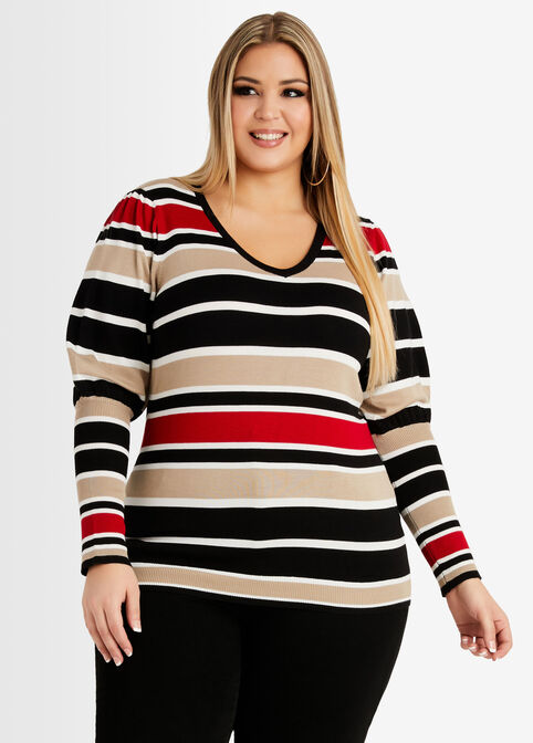 Stripe Puff Sleeve Sweater, Multi image number 0