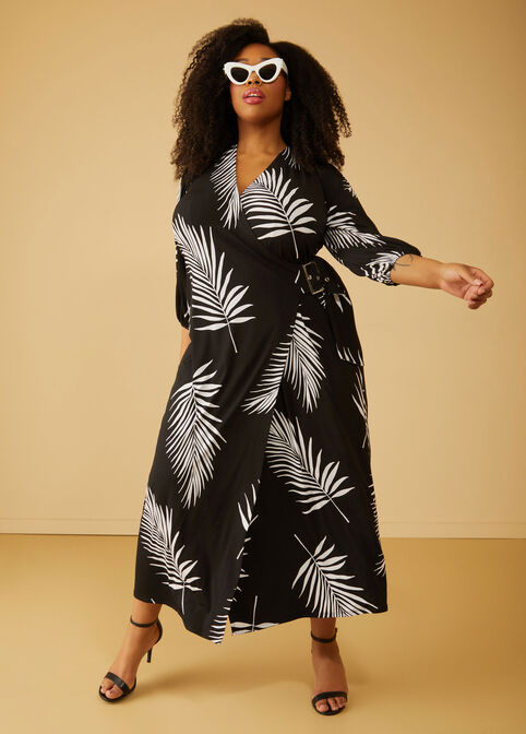 Leaf Print Maxi Wrap Dress, Black White image number 3